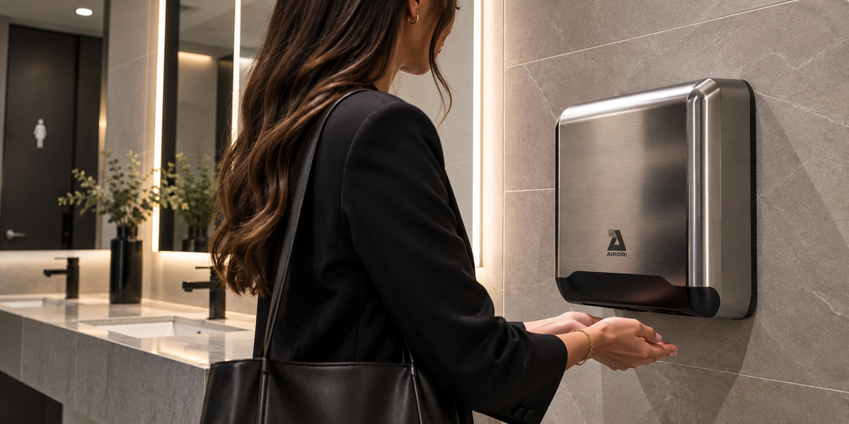Sèche-mains professionnel AirDri installé dans des sanitaires modernes