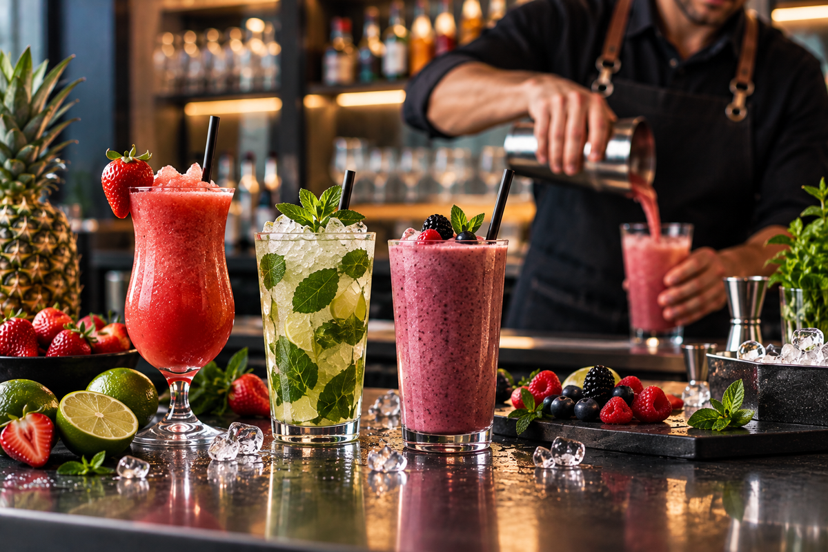 Cocktails et boissons préparés avec un blender professionnel dans un bar