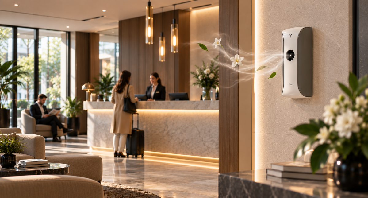 Diffuseur de parfum professionnel VIBE-PRO installé dans un hall d’accueil